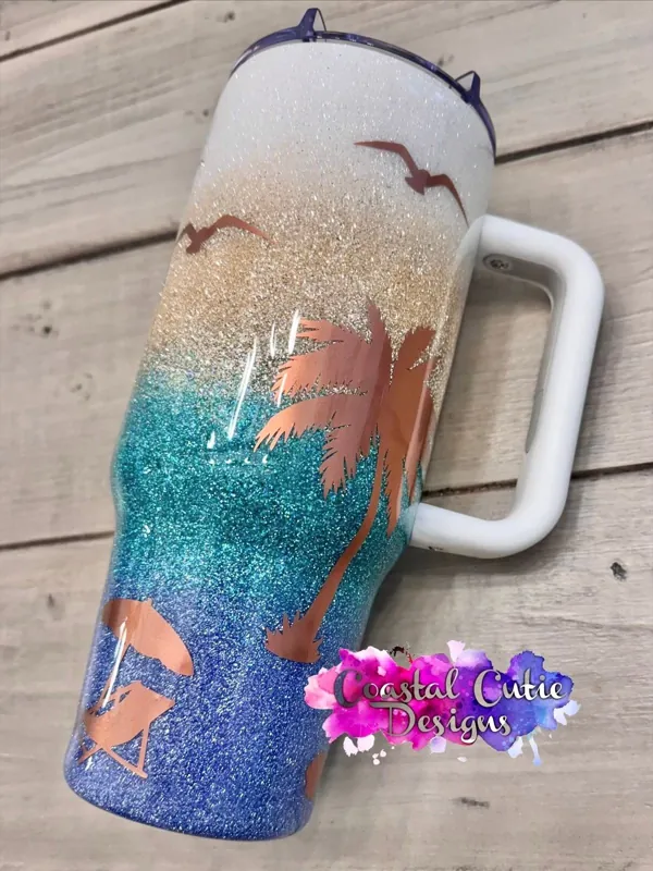Sand-to-sea glitter ombré handle tumbler with copper palm trees