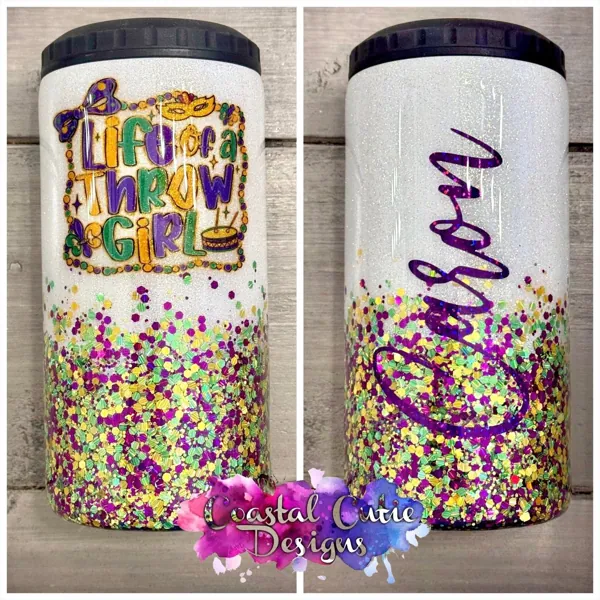 Purple, green and gold confetti glitter 4-in-1 with a script name