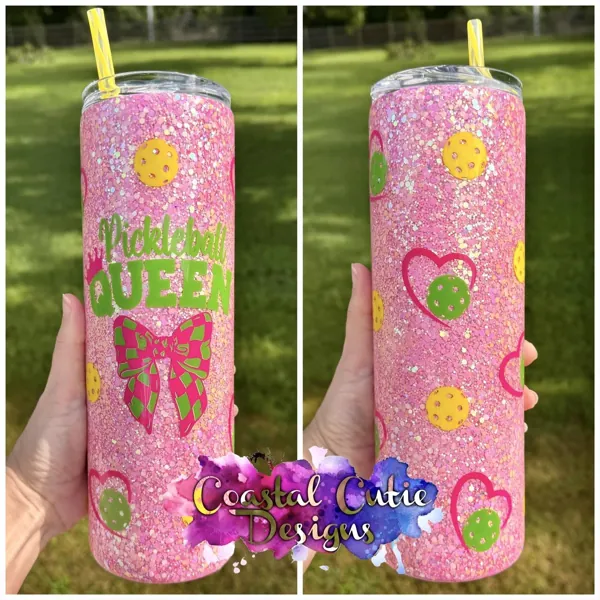 “Pickleball queen” pink glitter skinny with bows